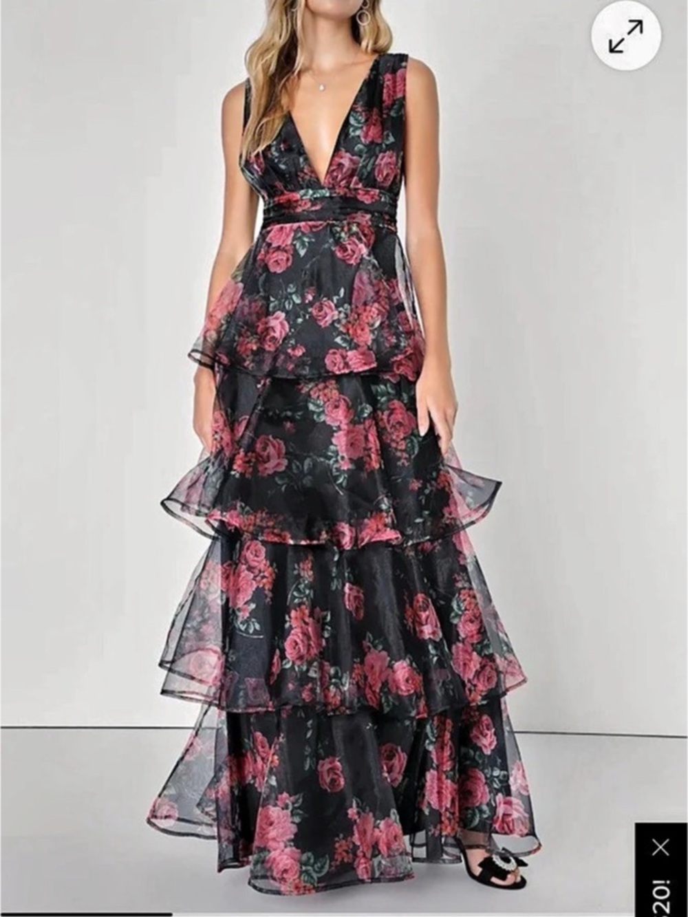 Lulus Garden Radiance Black Floral Print Organza Tiered Maxi Dress Floral Tiered